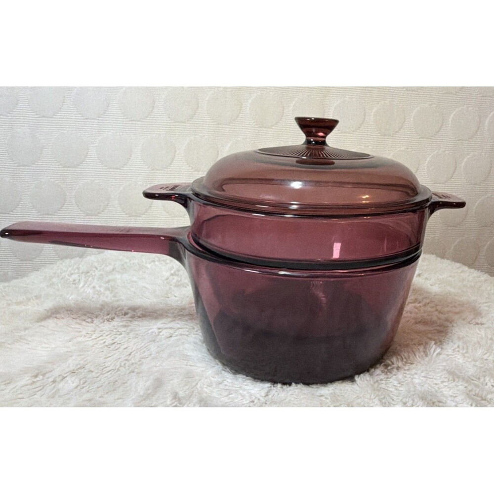 Corning Visions Cranberry Glass 3-Piece Cookware Lot 1.5L Pan Pot Pyrex Lid